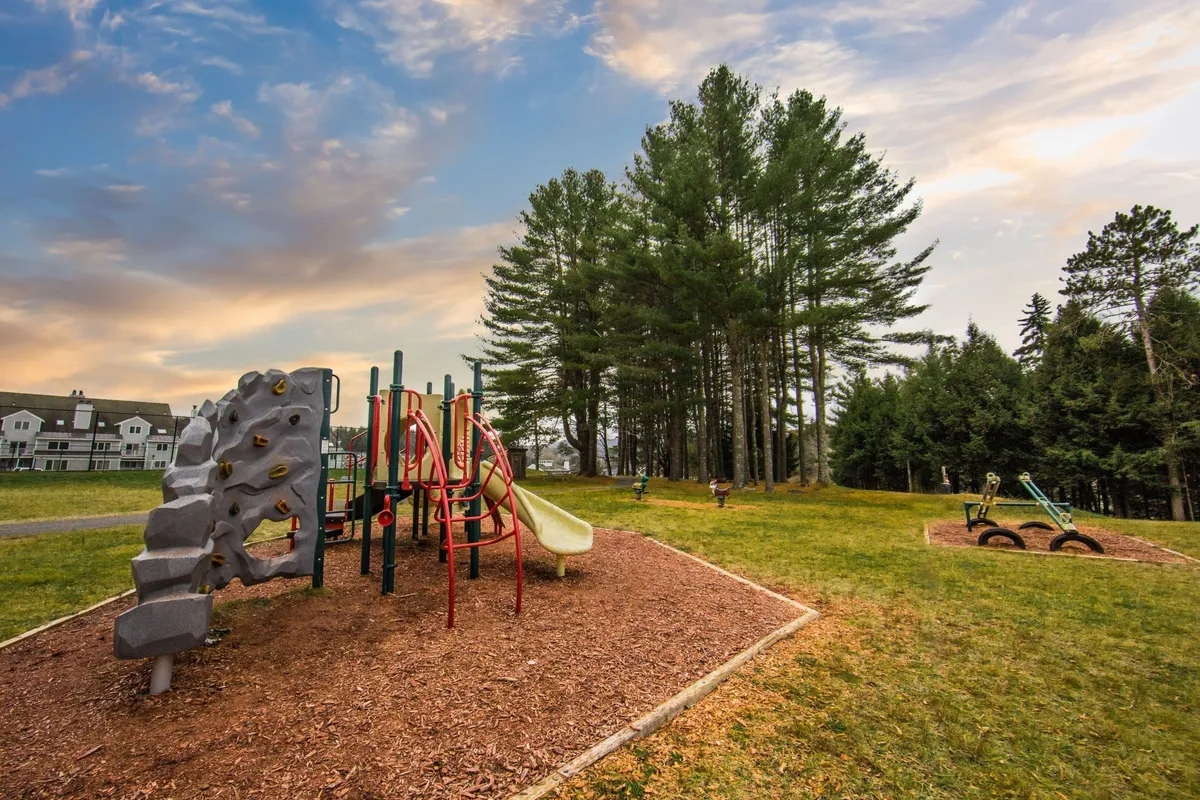 This image showcases a vibrant outdoor playground surrounded by natural greenery, featuring a climbing wall, slides, and open areas where children are actively playing. Families are seen gathering for picnics on the grass, and the setting sun casts a warm, inviting glow over the scene.